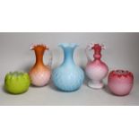 Five satin glass vases and ewers. Tallest 19cm