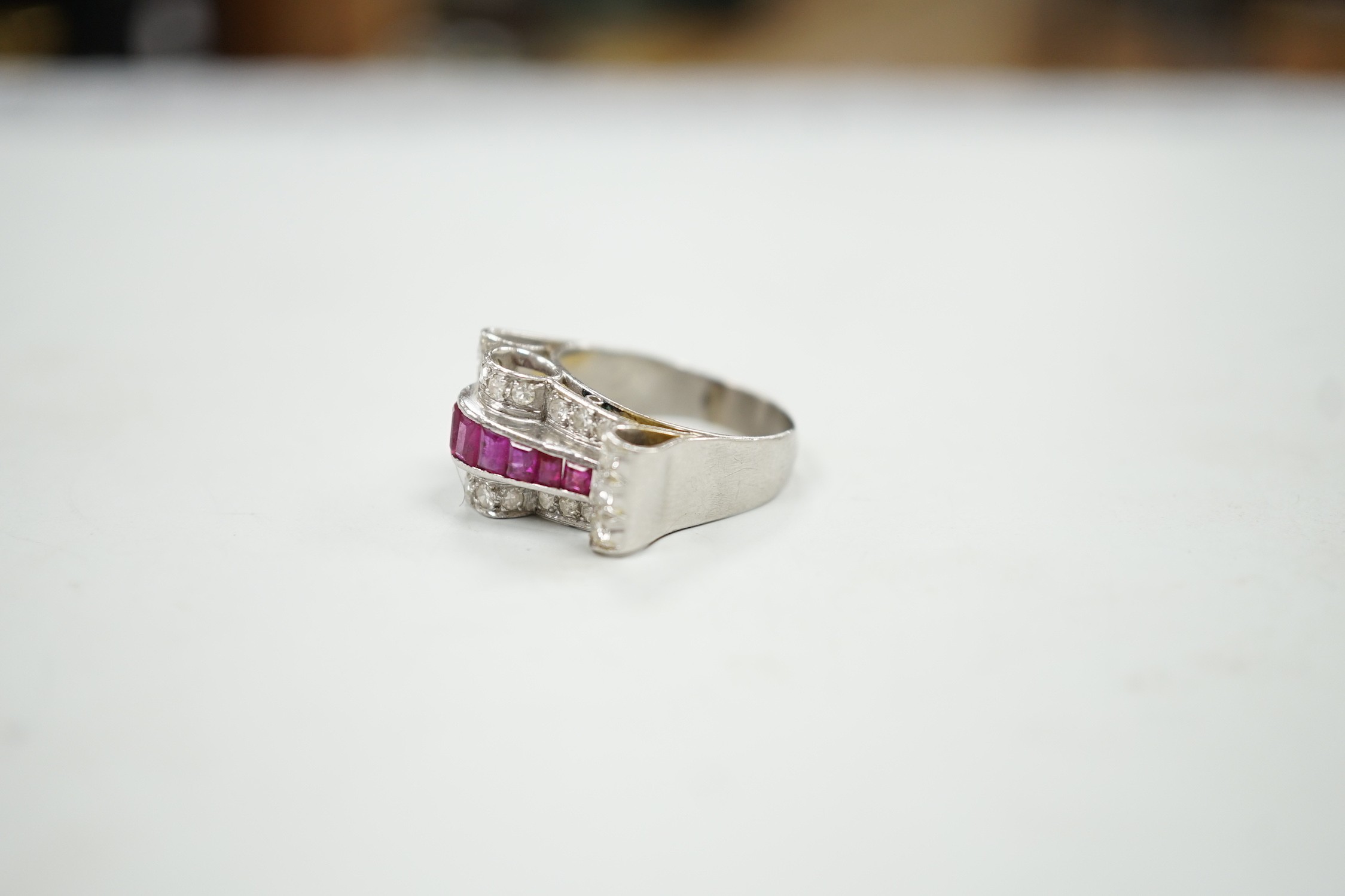 A 1950's? white metal, graduated ruby and diamond cluster set cocktail ring, size Q, gross weight - Image 2 of 4