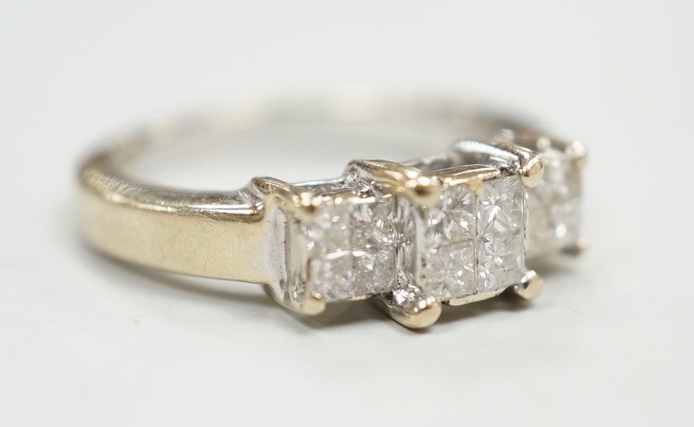 A modern 18ct white gold and triple princess cut diamond cluster set dress ring, size K, gross - Image 3 of 4