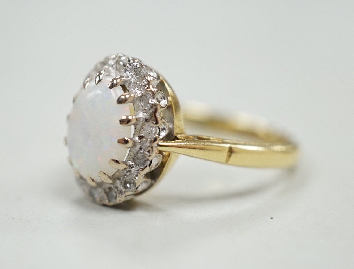 A modern 18ct white gold white opal and diamond set oval cluster ring, size M, gross weight 4.3 - Image 2 of 4