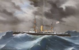 Neapolitan School, gouache, HMS Empress of India in rough seas, titled 30 x 47cm