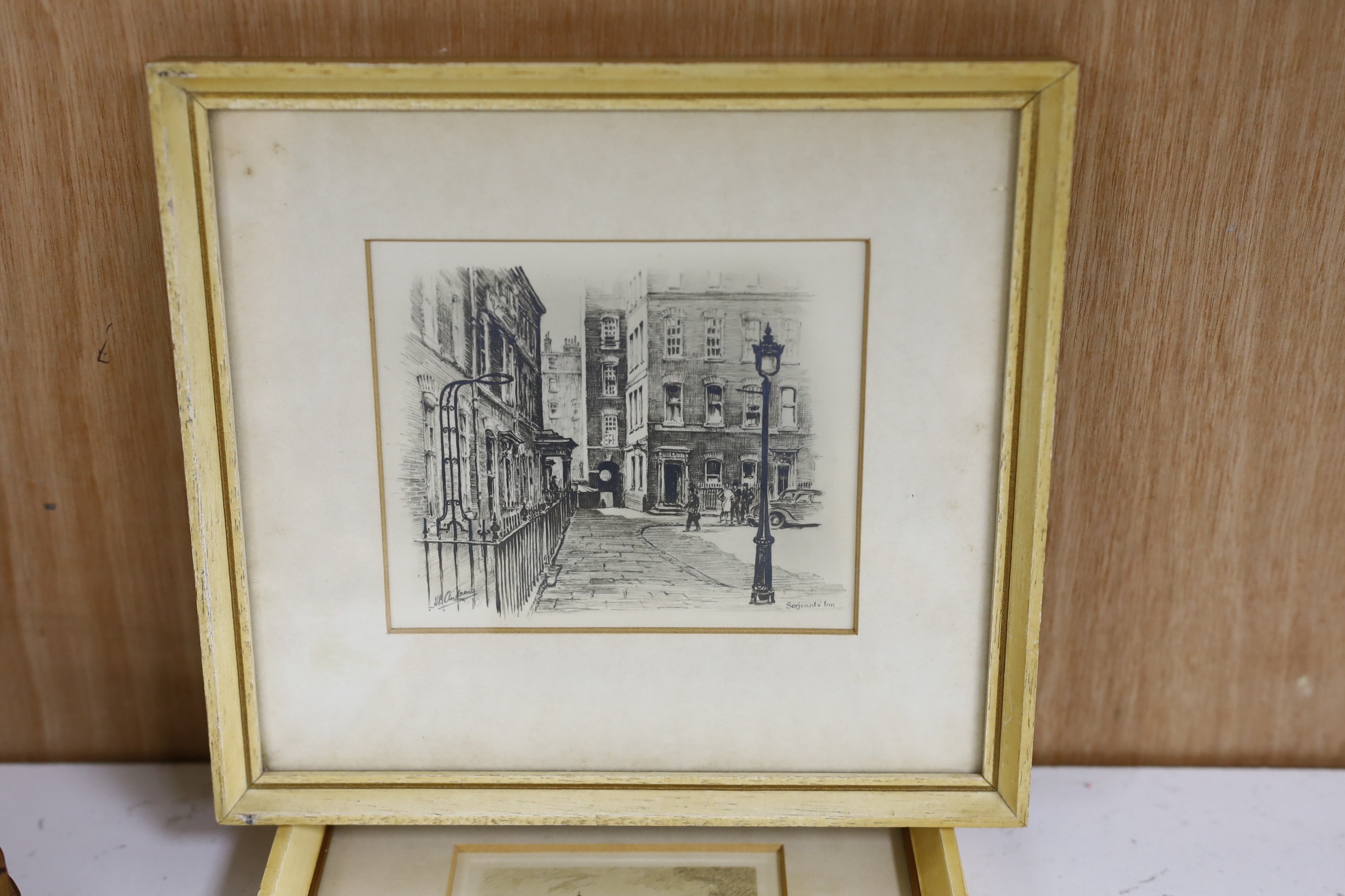 H.B. Andrews (fl.1920's), pencil drawing, 'Sergeants in Fleet Street', signed, 9.5 x 11cm, and three - Image 4 of 5