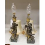 A pair of late 19th century figural bronze and ormolu cherub candlesticks, converted to lamps,