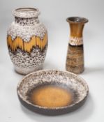 Three West German pottery vases, 2 lava glaze and a geometric vase, Bowl with volcanic lava glaze