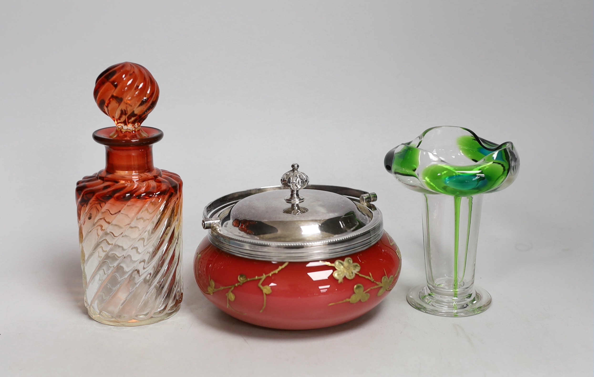 An Art Nouveau Stuart glass vase and gilded and coloured glass powder bowl, and a ruby tinted