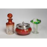 An Art Nouveau Stuart glass vase and gilded and coloured glass powder bowl, and a ruby tinted