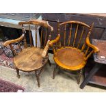 Two early 20th century beech tub framed elbow chairs, larger width 61cm, height 87cm