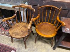 Two early 20th century beech tub framed elbow chairs, larger width 61cm, height 87cm