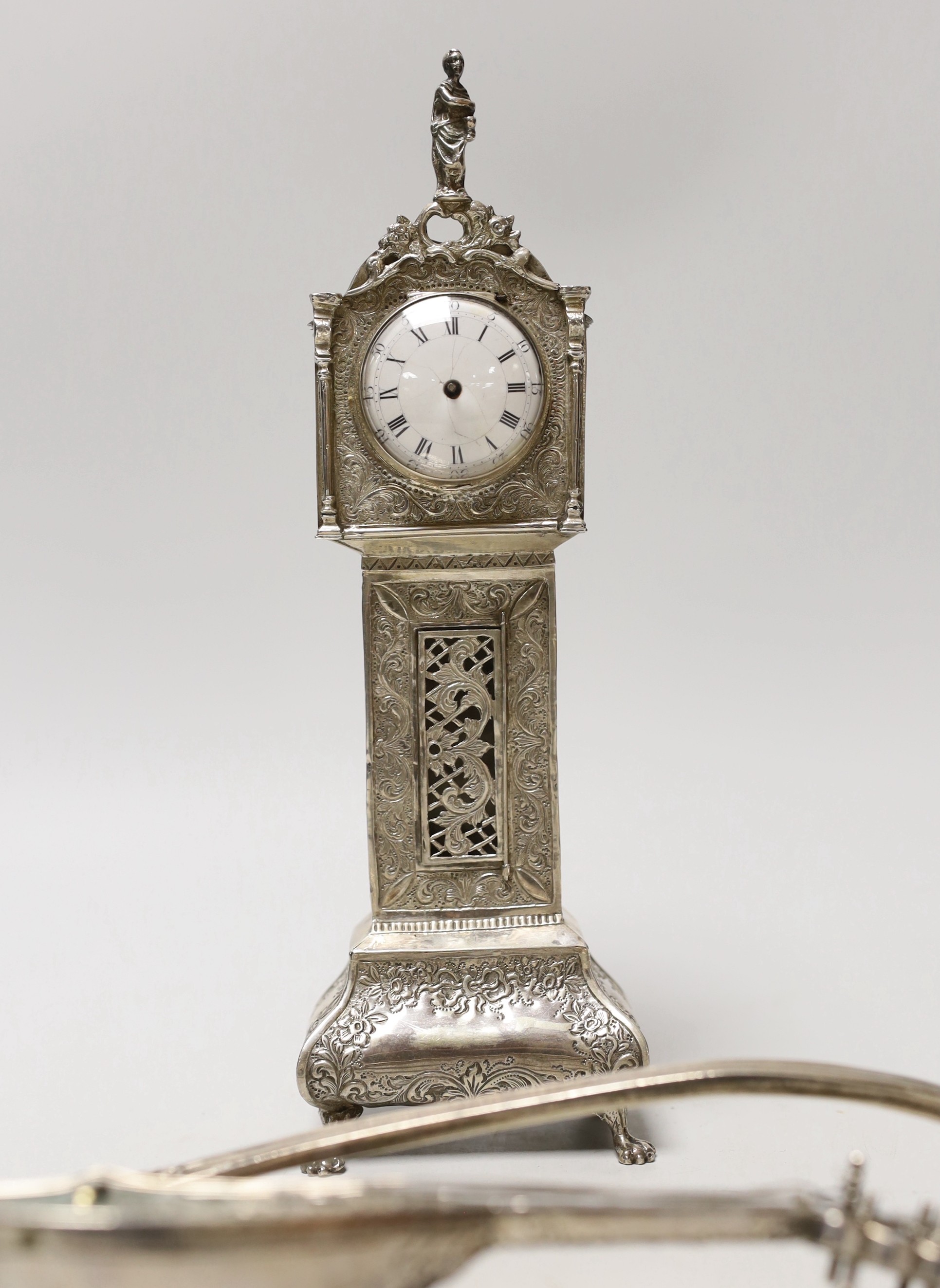 A Dutch white metal miniature longcase clock, 23.8cm, a similar model of a mandolin and a - Image 2 of 4