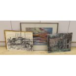 Modern British, artist proof print, Abstract coastal scene, indistinctly signed, 35 x 47cm, together