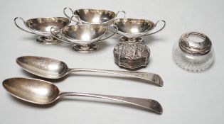 A set of four Edwardian silver two handled boat shaped salts, London, 1901, width 10.5cm, two 18th