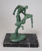 A bronze verdigris figure group of dancers, on marble plinth base, Alfa Arte label, 16cm tall