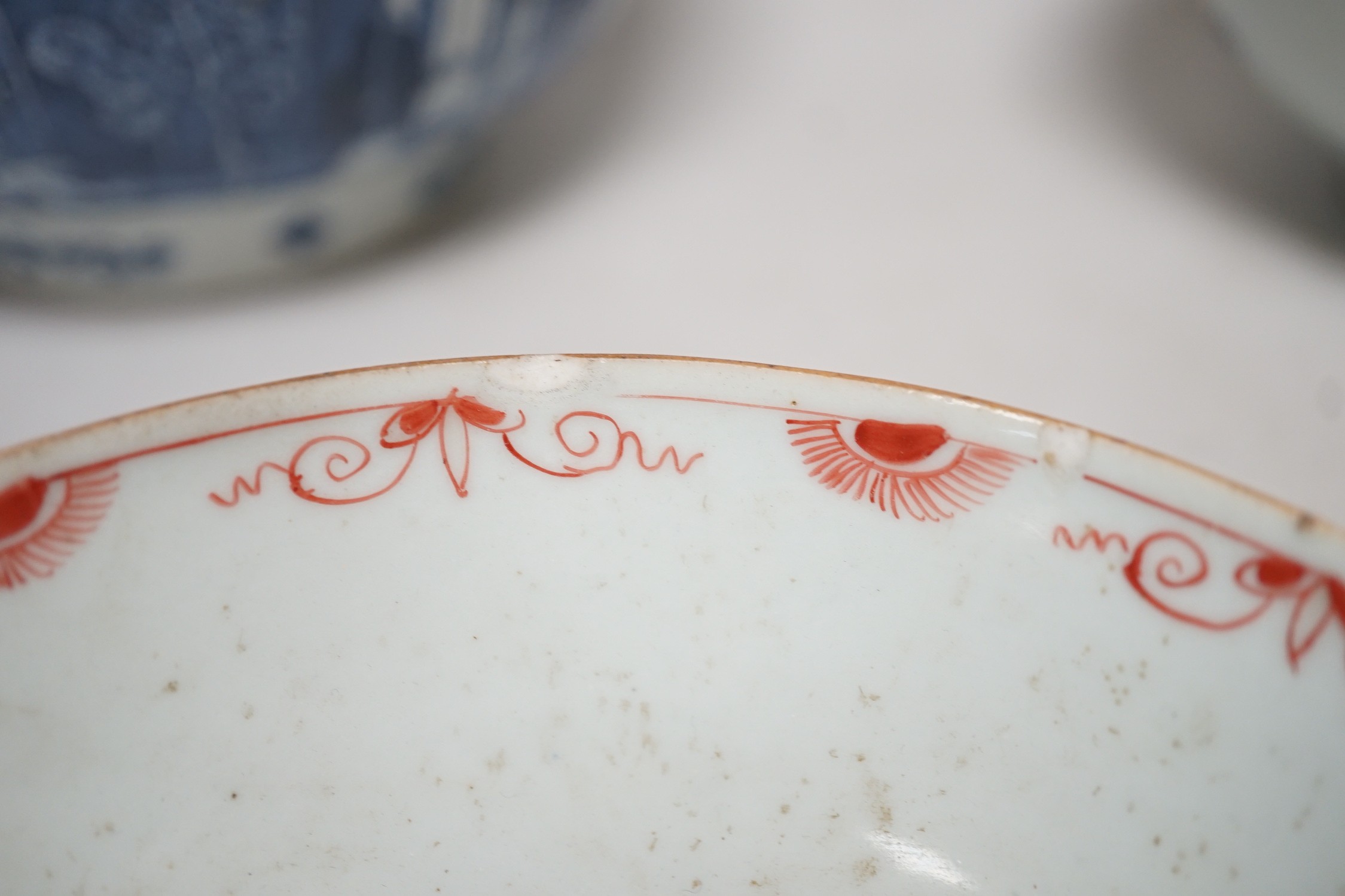 Six 18th century Chinese porcelain bowls (a.f.) and a Chinese imari plate, largest bowl 20cm - Image 7 of 13