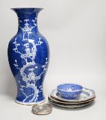 A large Chinese blue and white prunus vase, 46.5cm, together with Chinese export plates and oriental