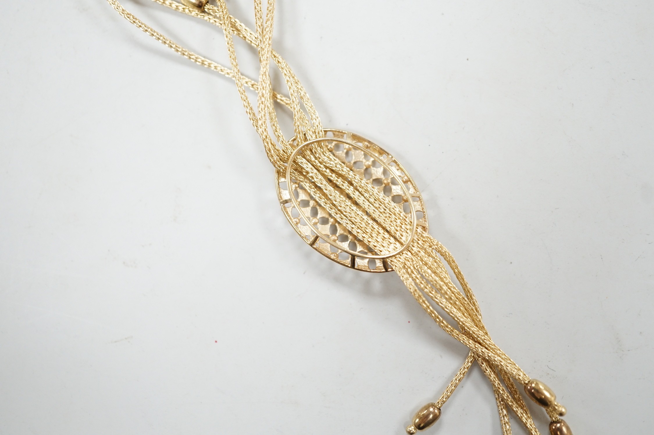 A modern Italian 375 yellow metal multi strand drop tassel necklace, approx. 49cm, 9.9 grams. - Image 3 of 4