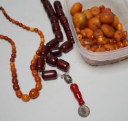 A single strand graduated amber bead necklace, 54cm gross weight 30 grams, together with loose amber