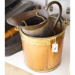 A staved and coopered jug, one coal bucket and a brass kettle stand, 32cms high