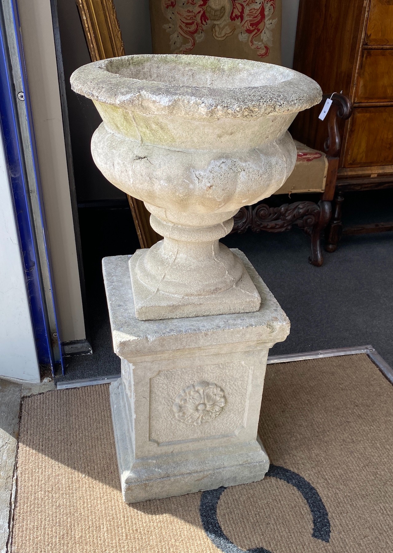 A pair of reconstituted stone campana garden urns on a near pair of square pedestals, larger - Image 2 of 3