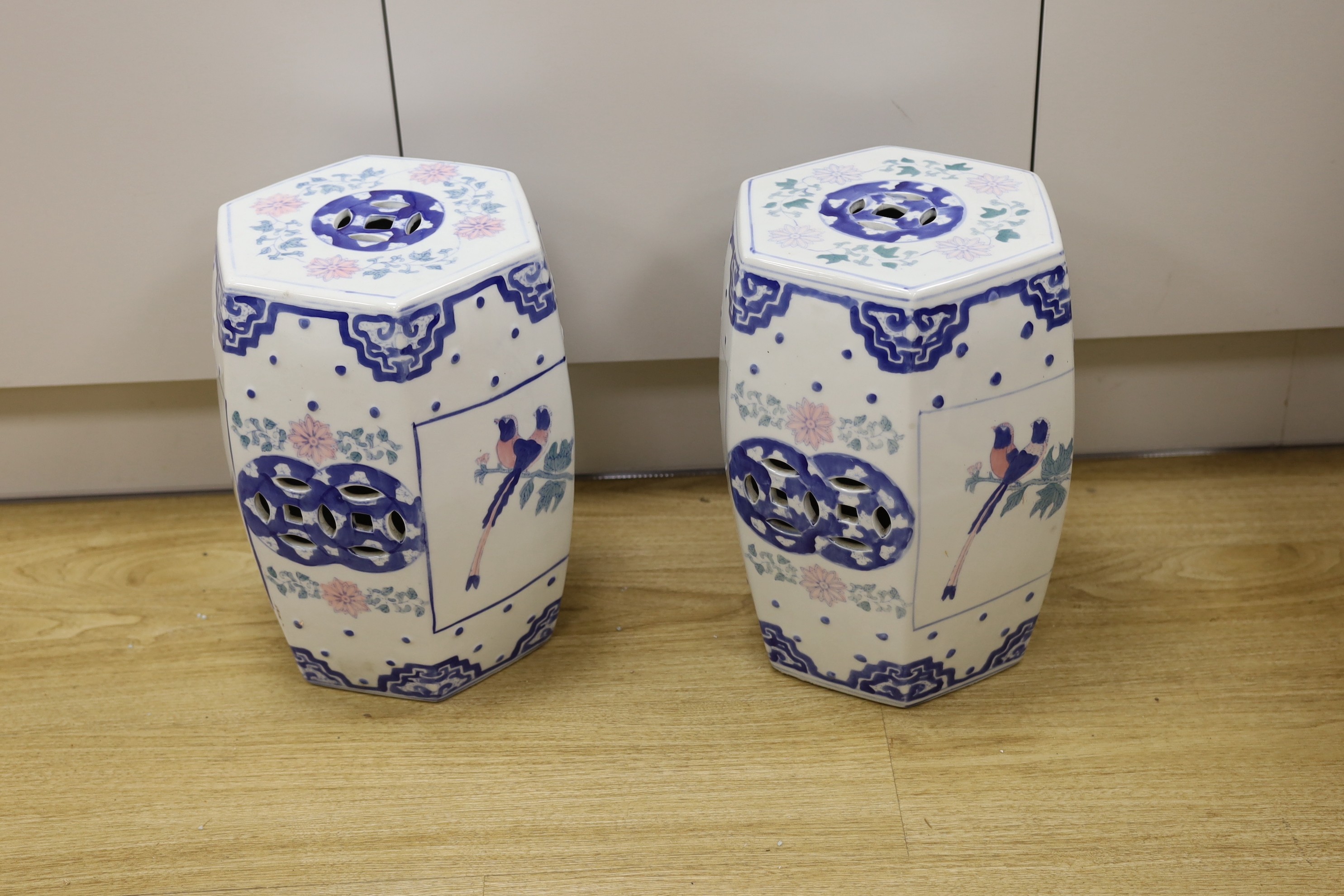 A pair of Chinese porcelain decorative garden seats, 37cms high - Image 2 of 3
