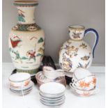 A Gien pottery jug, a Chinese crackle glaze baluster vase, egg-shell tableware and three Oriental