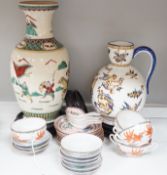 A Gien pottery jug, a Chinese crackle glaze baluster vase, egg-shell tableware and three Oriental
