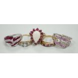 Five assorted modern 9ct gold and gem set dress rings, including ruby and diamond chip, gross weight