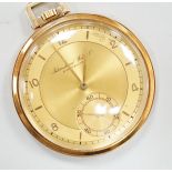 A 585 yellow metal IWC open faced keyless dress pocket watch, 44mm, gross 50.3 grams.