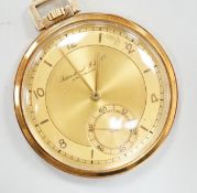 A 585 yellow metal IWC open faced keyless dress pocket watch, 44mm, gross 50.3 grams.