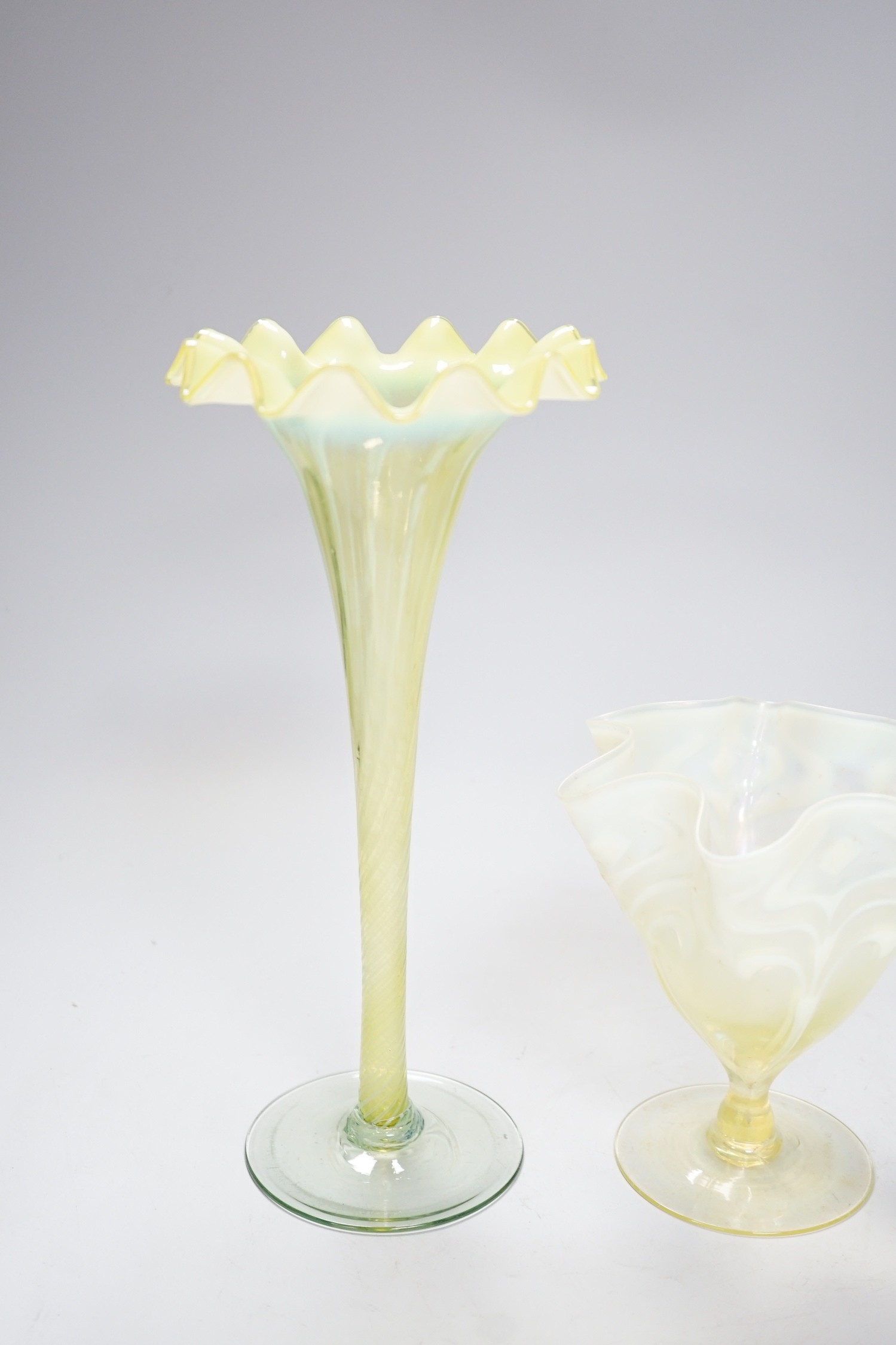 Two early 20th century vaseline glass vases, tallest 29cm - Image 4 of 5