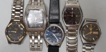 Five assorted modern gentleman's steel wrist watches, including Seiko, Sekonda and Limit.