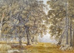 Attributed to George Barrett (1767-1842), watercolour, Sheep in woodland, J. Davey & Sons label