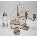 Assorted plated items including a decanter stand with two bottles, by Hukin & Heath and a tea