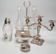 Assorted plated items including a decanter stand with two bottles, by Hukin & Heath and a tea