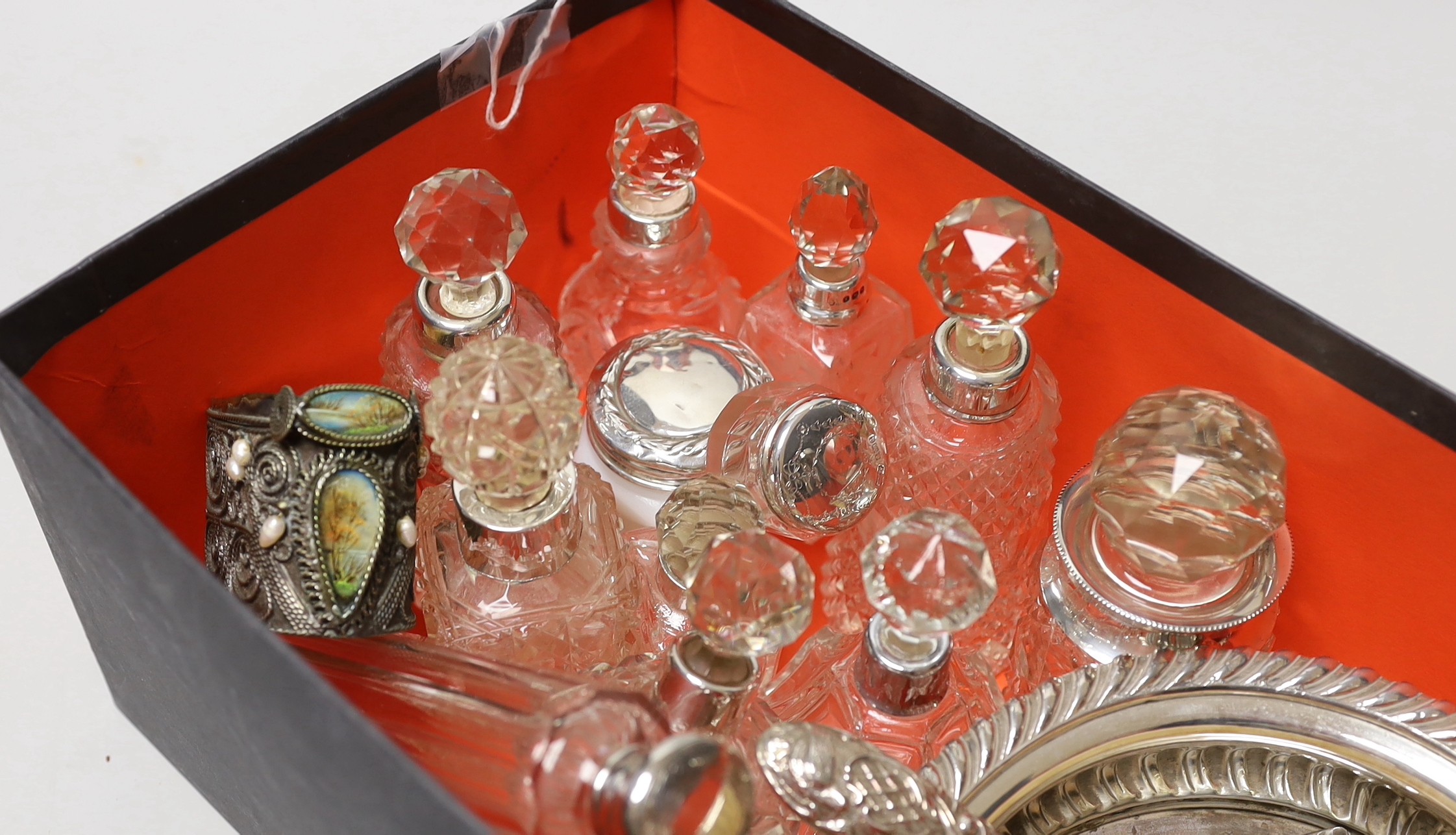 A collection of assorted silver mounted glass scent bottles and other items including a wine coaster - Image 2 of 5