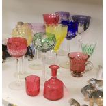 A group of coloured hock glasses and others. Tallest 21.5cm