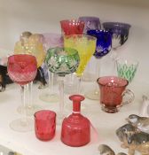 A group of coloured hock glasses and others. Tallest 21.5cm