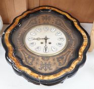 A late 19th century oval French marquetry wall clock with enamel Roman numerals, 62cms high