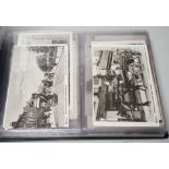 Postcards in three albums, to include themes, transport, theatre and topographical