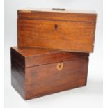 A late George III satinwood inlaid tea caddy and a later similar mahogany tea caddy, largest 30cms
