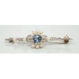 An Edwardian yellow metal, aquamarine, diamond and seed pearl set bar brooch, 40mm, gross weight 3