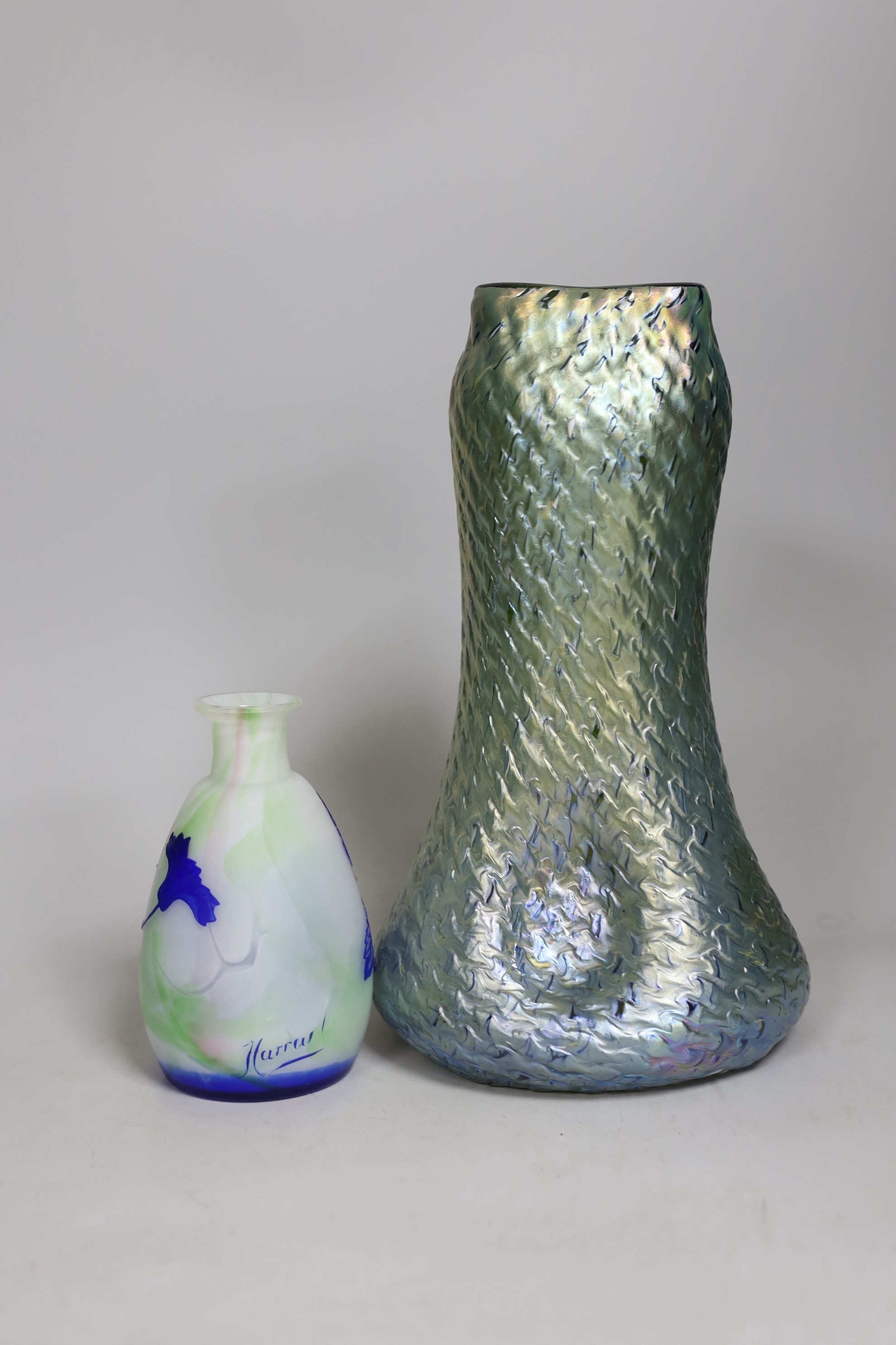 A Harrach cameo glass vase and an iridescent art glass vase. Tallest 27cm - Image 2 of 2