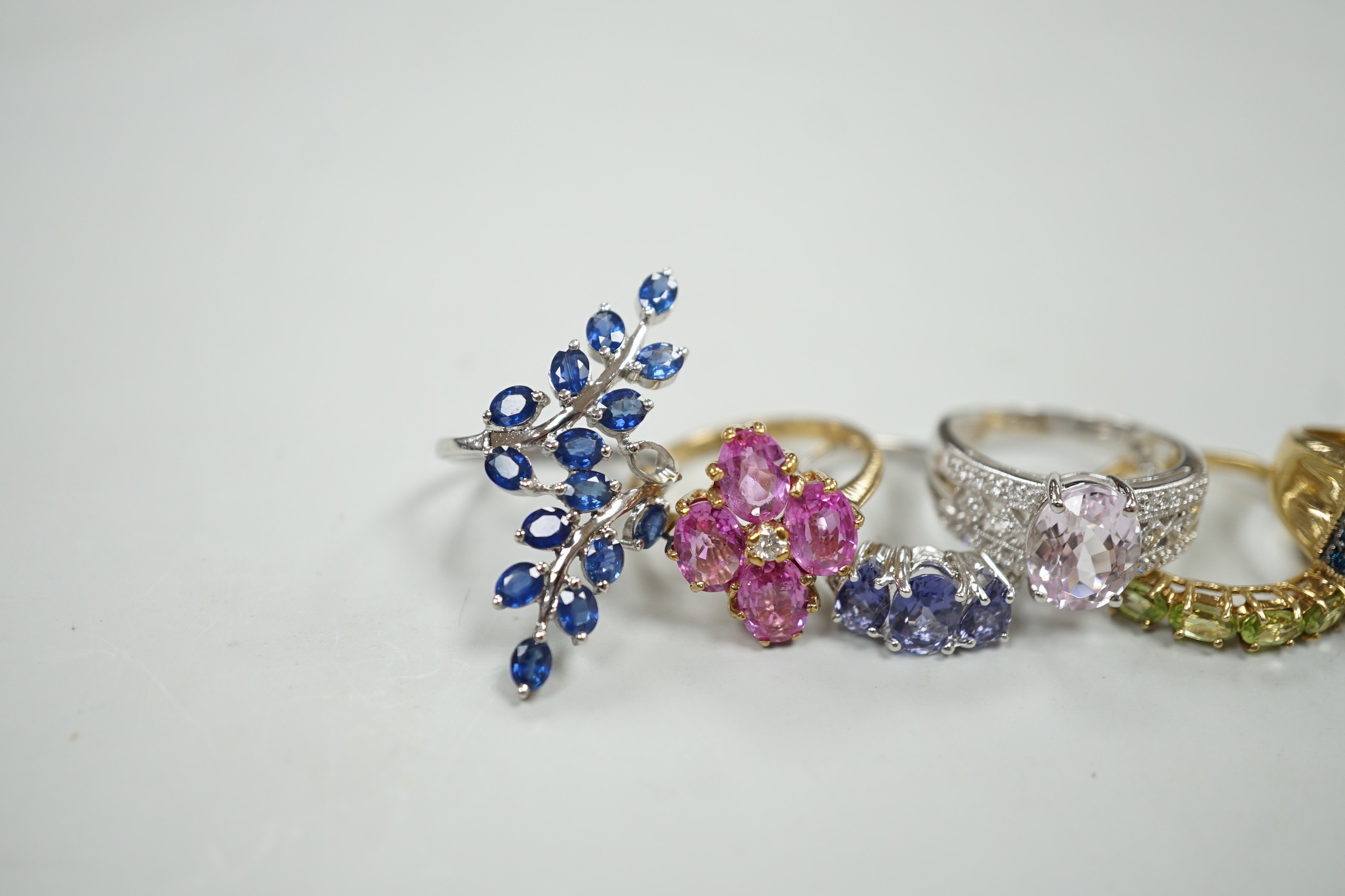 Six assorted modern 9ct gold and gem set dress rings, including three white gold, gross weight 20 - Image 2 of 5