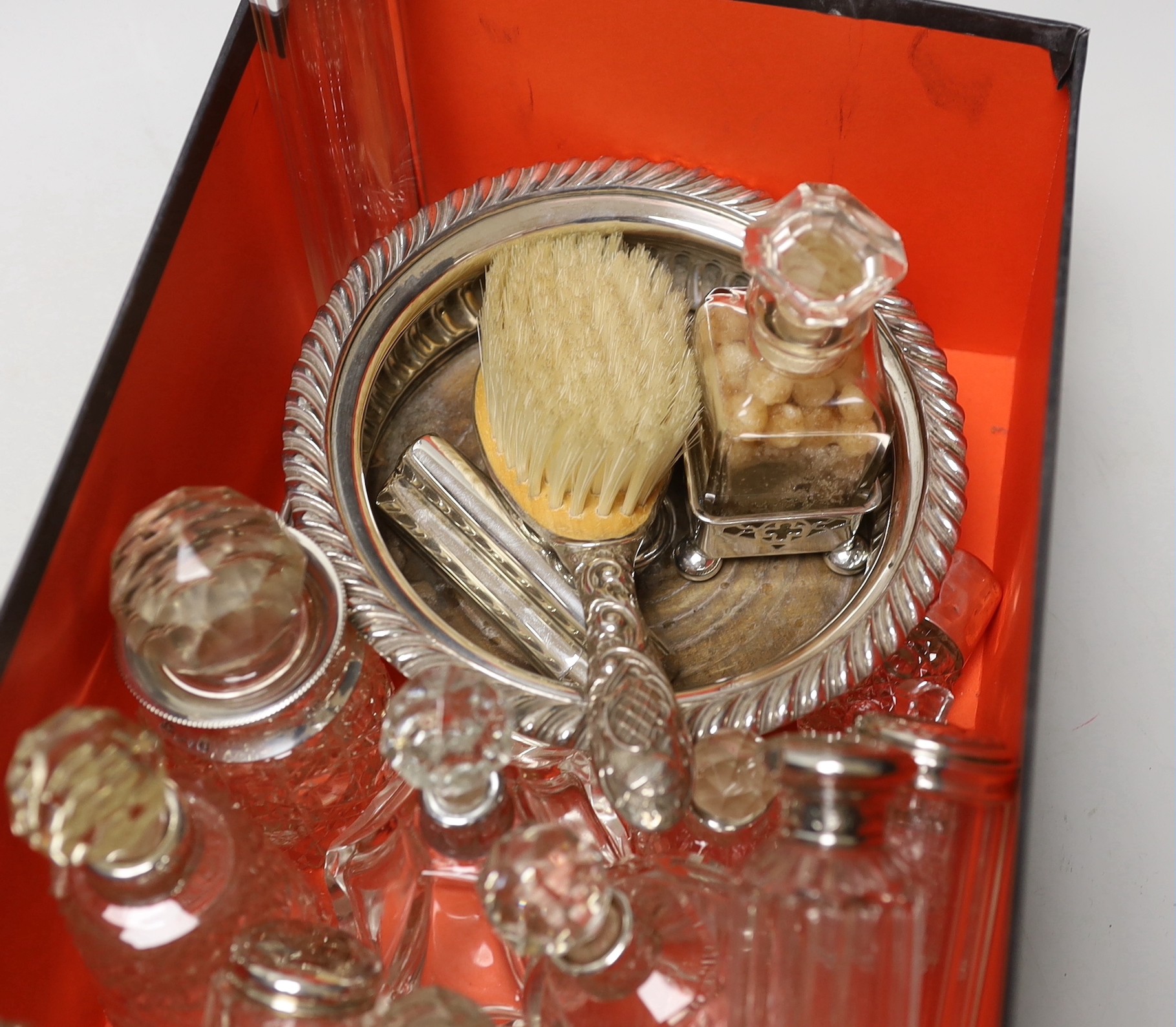 A collection of assorted silver mounted glass scent bottles and other items including a wine coaster - Image 3 of 5