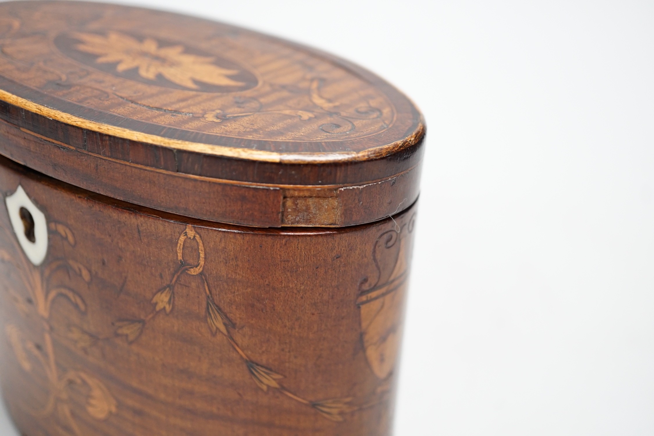 A George III oval harewood and marquetry tea caddy, c.1790, 12cms high x 15cms wide Ivory submission - Image 2 of 5