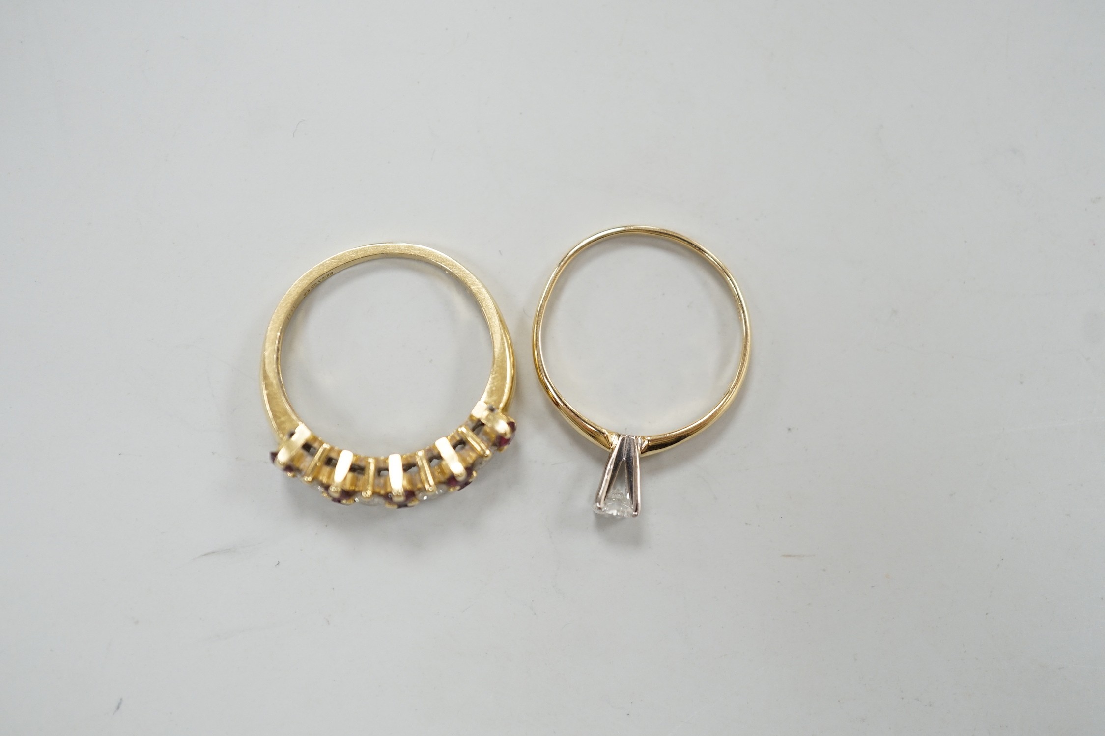 A modern 18ct gold, ruby and diamond cluster set half hoop ring, size L, gross weight 3.4 grams - Image 3 of 3