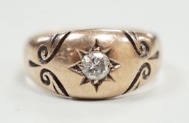 A Victorian 18ct gold and gypsy set solitaire diamond ring, size O, gross weight 3.9 grams.