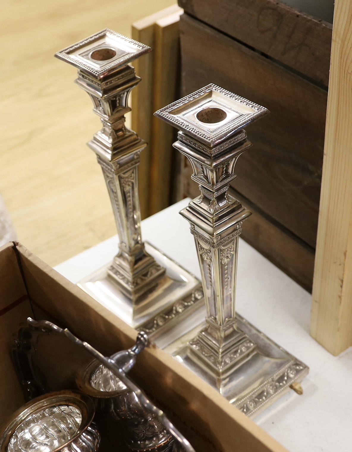 A pair of Adam revival silver plated candlesticks and mixed plated wares, candlesticks 33cms high - Image 2 of 2