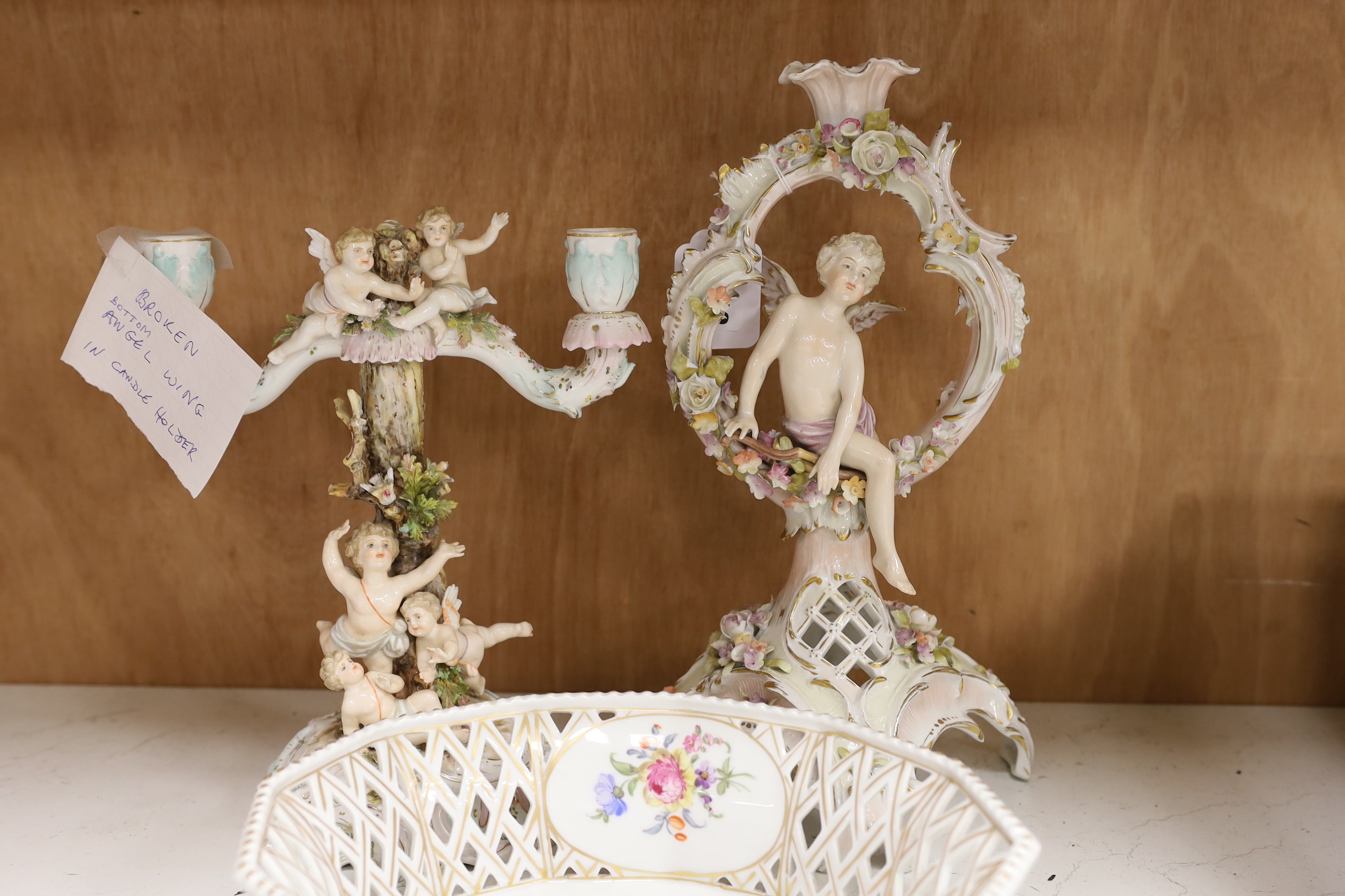 A Volkstedt porcelain candelabrum decorated with cherubs, a candlestick and an octagonal basket - Image 3 of 3