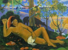After Paul Gaugain, oil on board, A reclining beauty, 87 x 118cm