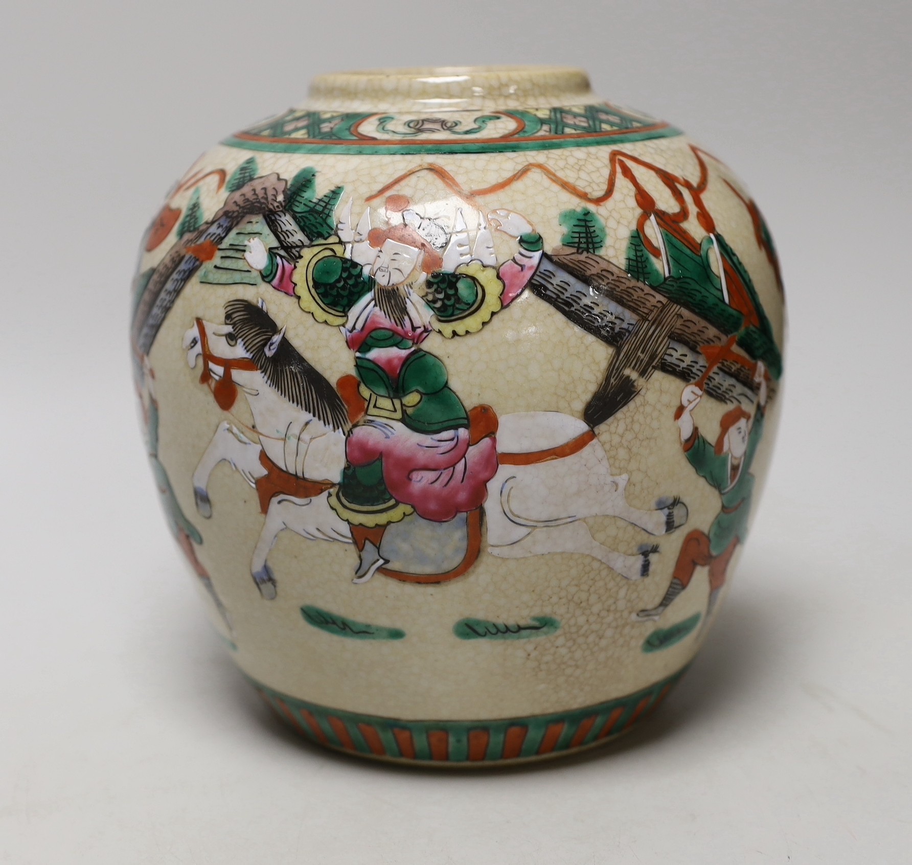 An early 20th century Chinese famille rose crackle glaze ginger jar, decorated with warrior - Image 2 of 6